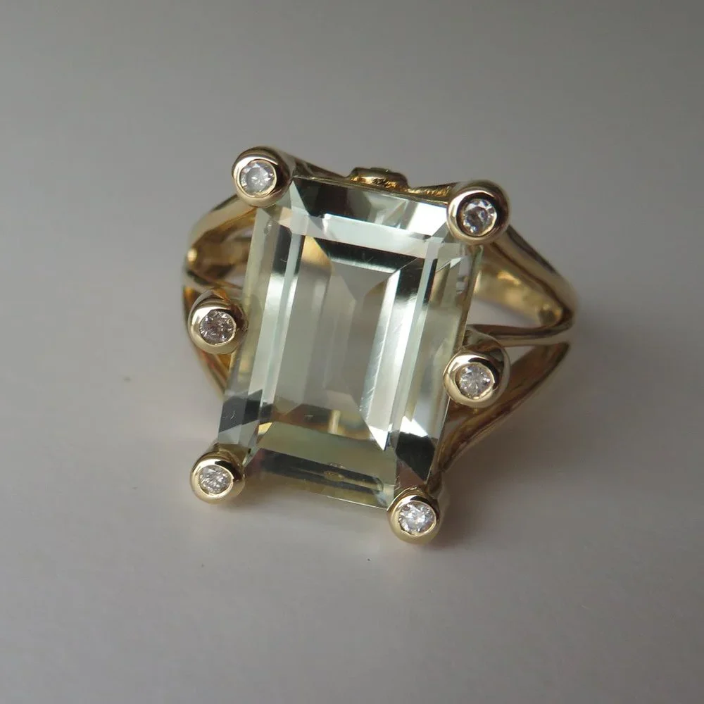 Natural Prasiolite Green Quartz Natural Diamonds 14K Yellow Gold Cocktail Ring